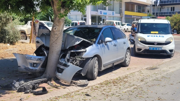 Otomobille ağaca çarpan sürücünün burnu bile kanamadı